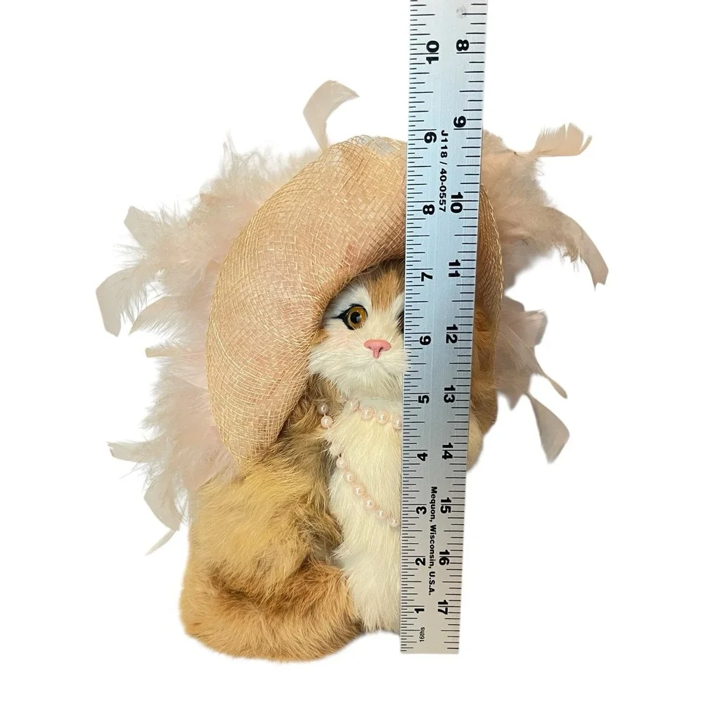 Vintage Genuine Rabbit Fur Fancy Cat Figure with Feather Hat & Pearl Necklace 8